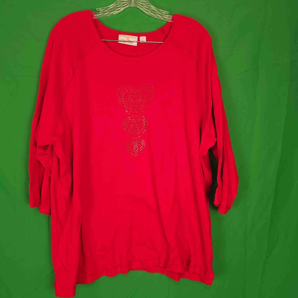 Quacker Factory Womens Red Embellished Heart Long Sleeve Shirt 2X Valentines Day